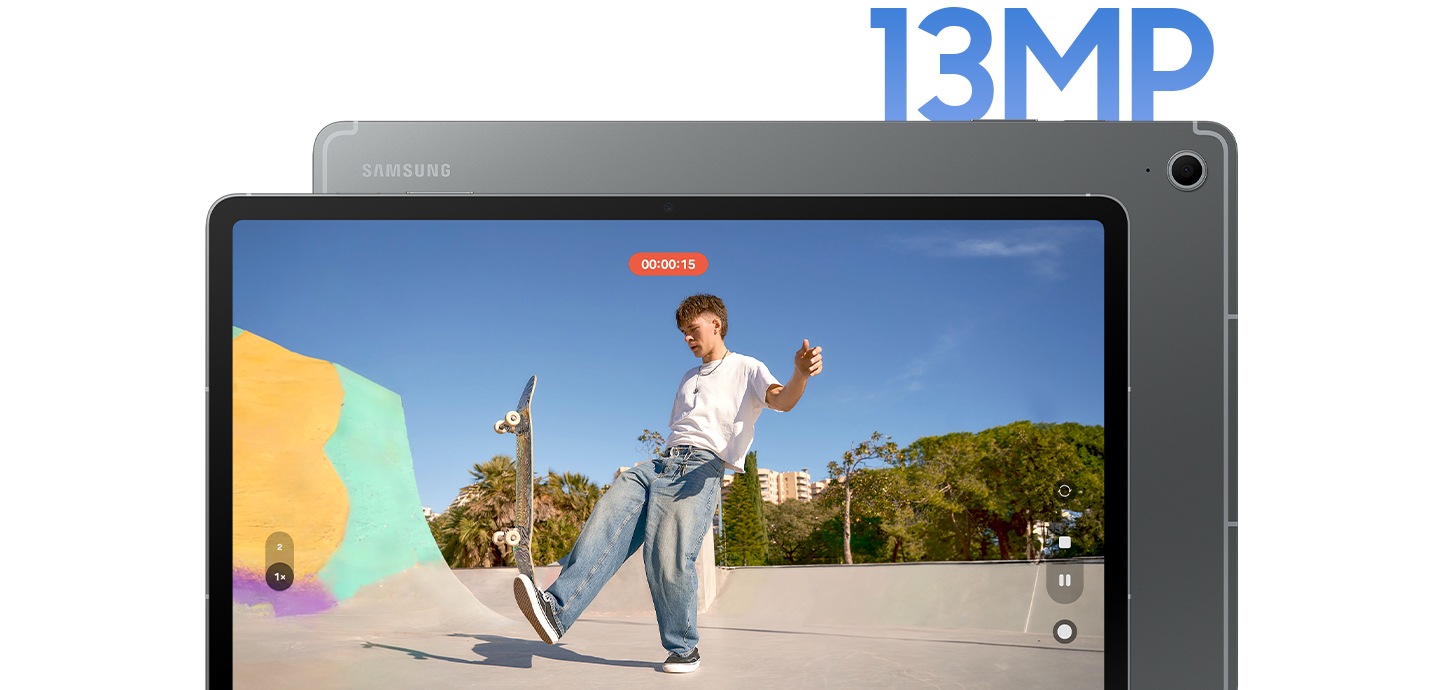 Galaxy Tab S10 FE+ in Gray shown from the front and back with a video of a young man skateboarding outdoors being taken using the upgraded 13MP rear camera.