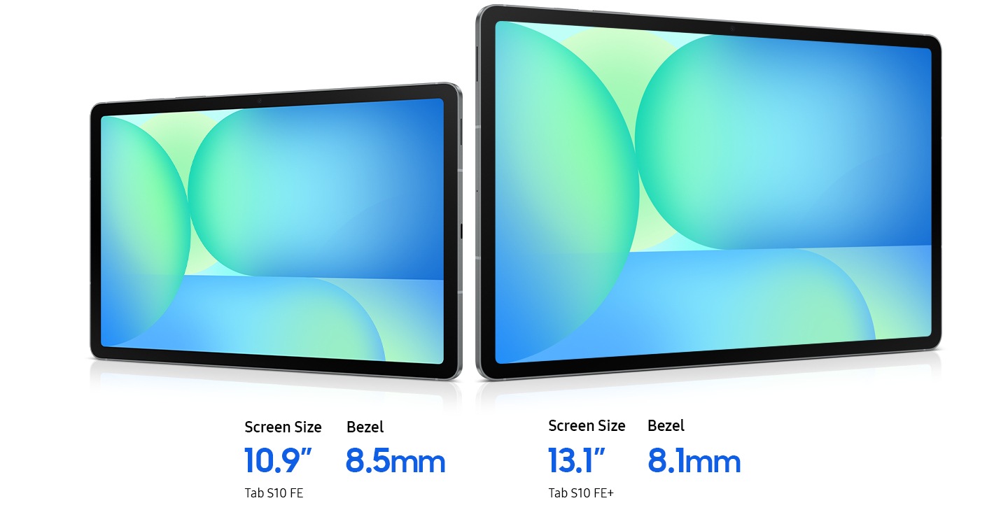 Galaxy Tab S10 FE and Tab S10 FE+ shown side by side with a blue-green wallpaper onscreen. Galaxy Tab S10 FE features a 10.9-inch screen size and 8.5mm bezels. Galaxy Tab S10 FE+ features a 13.1-inch screen size and 8.1mm bezels.