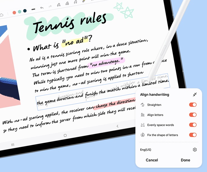 S Pen is used in Samsung Notes app on the screen of Galaxy Tab S10 FE+ to automatically align the handwriting of a messy note using the Handwriting Help feature.