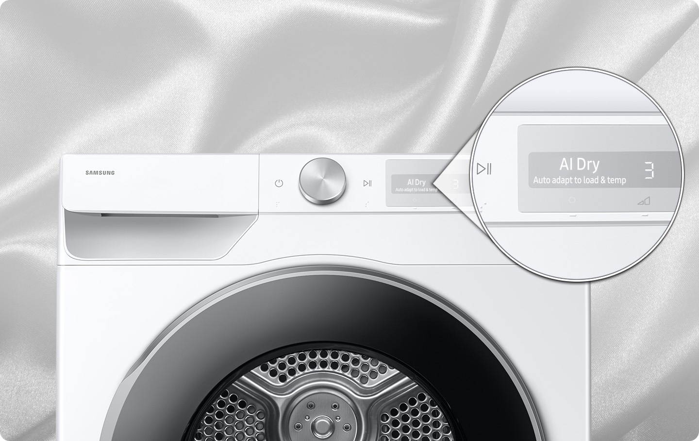 When set to AI Dry mode, the multi-sensing technology automatically senses the moisture level and generates optimal amount of heat for each cycle. This sensor intelligence for smarter drying saves 10% of energy and 15% of time.