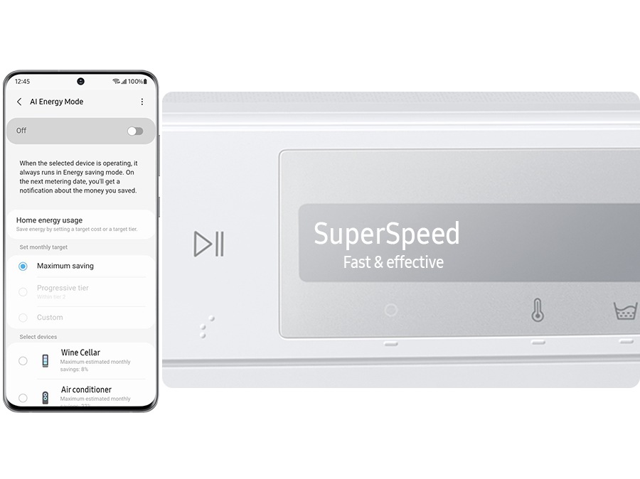 AI ​​Energy Mode is activated by checking the mode button to 'On' and selecting the device you want to run on Smartphone.It does energy saving up to 20% more than the small load,dryness normal.※Image shown are for illustration purpose. Results may vary depending on the actual usage conditions.
