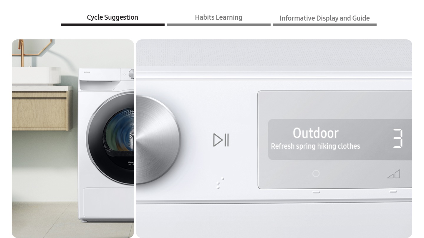 The AI Dryer’s control panel displays the Cycle suggestion, Habits learning, Informative display and guide. Two sets of washers and dryers are placed differently in two separate living spaces. Drying cycles are automatically set.