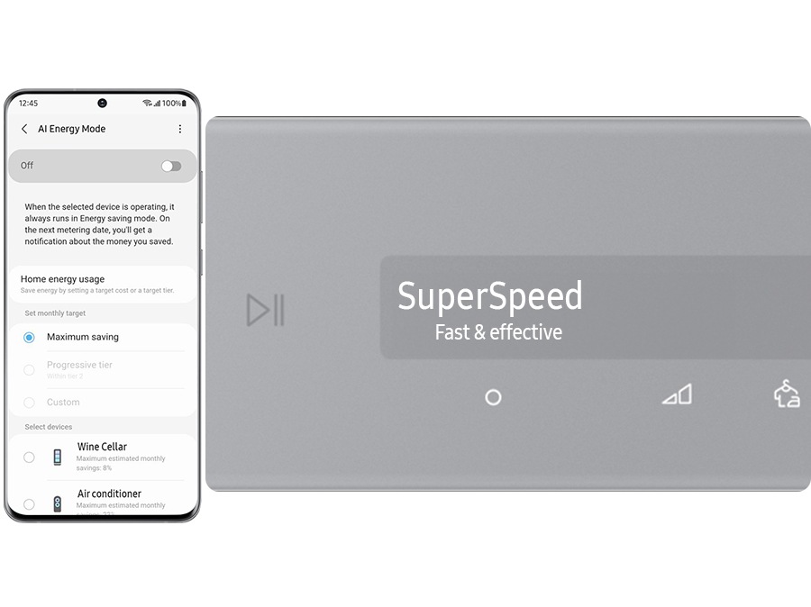 AI Energy Mode is activated by checking the mode button to 'On' and selecting the device you want to run on Smartphone.It does energy saving up to 20% more than the small load,dryness normal.※Image shown are for illustration purpose. Results may vary depending on the actual usage conditions.