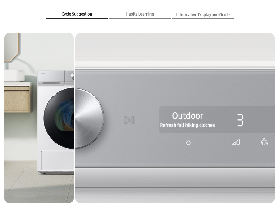 The AI Dryer’s control panel displays the Cycle suggestion, Habits learning, Informative display and guide. Two sets of washers and dryers are placed differently in two separate living spaces. Drying cycles are automatically set.