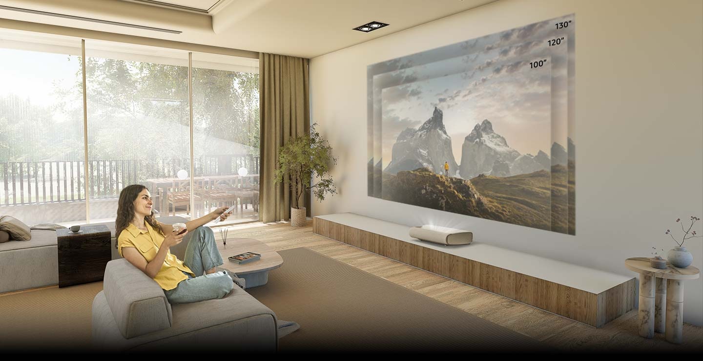 The Premiere projects a screen onto the wall. The scene zooms in for a close-up look on The Premiere. An arrow indicates the short distance between The Premiere and the wall. The arrow increases slightly in length. The scene zooms out to show the projected screen increasing from 100 inches to 120 inches to 130 inches.