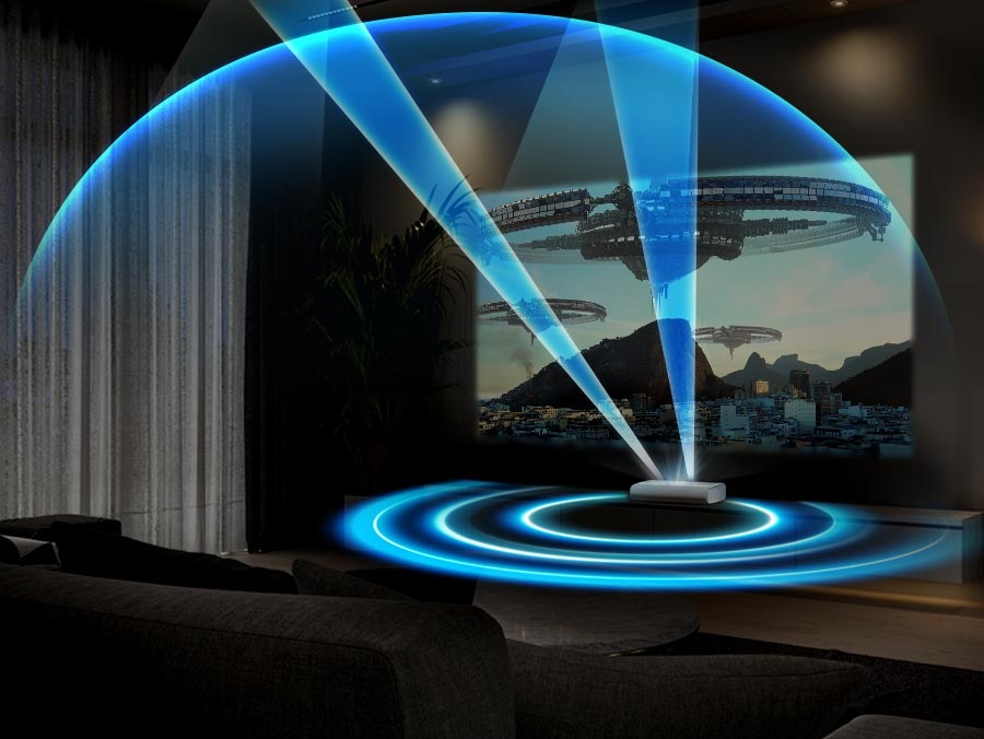 The Premiere creates a dome of sound with up-firing sound and rings of sound. A cinematic scene is projected onto the wall.