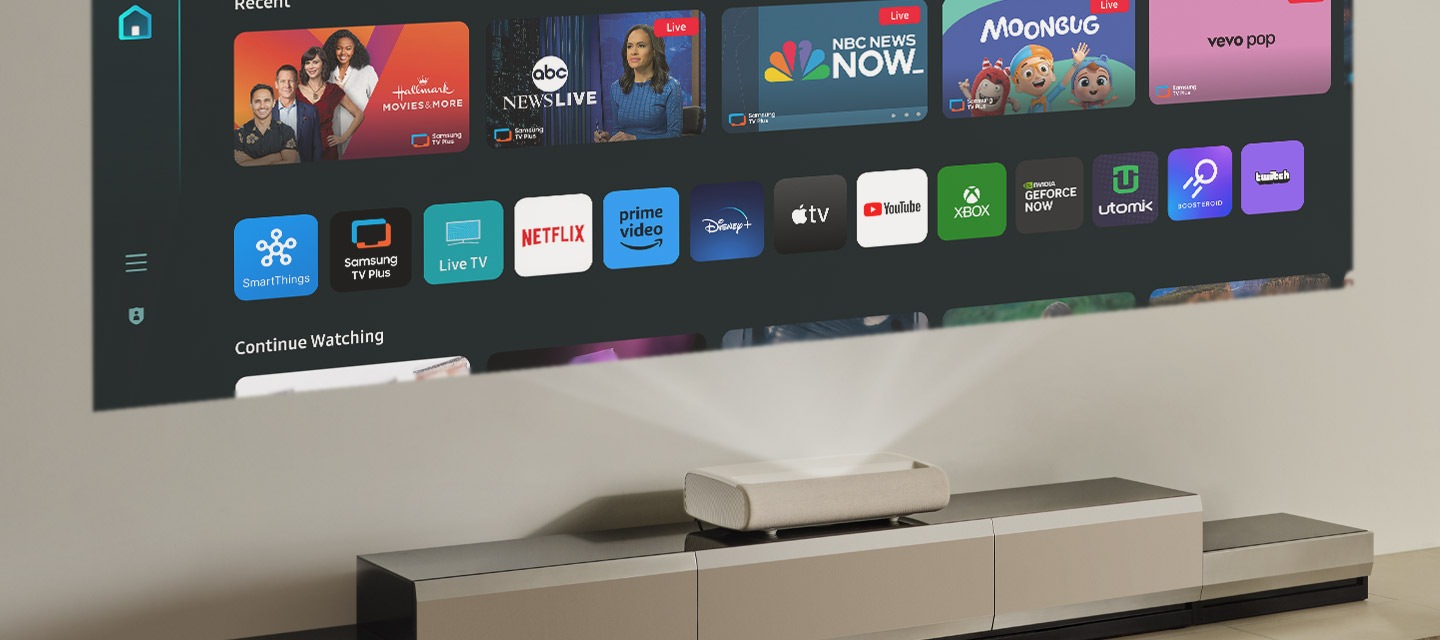 A screen being projected by The Premiere displays apps and entertainment options on Samsung Tizen OS.