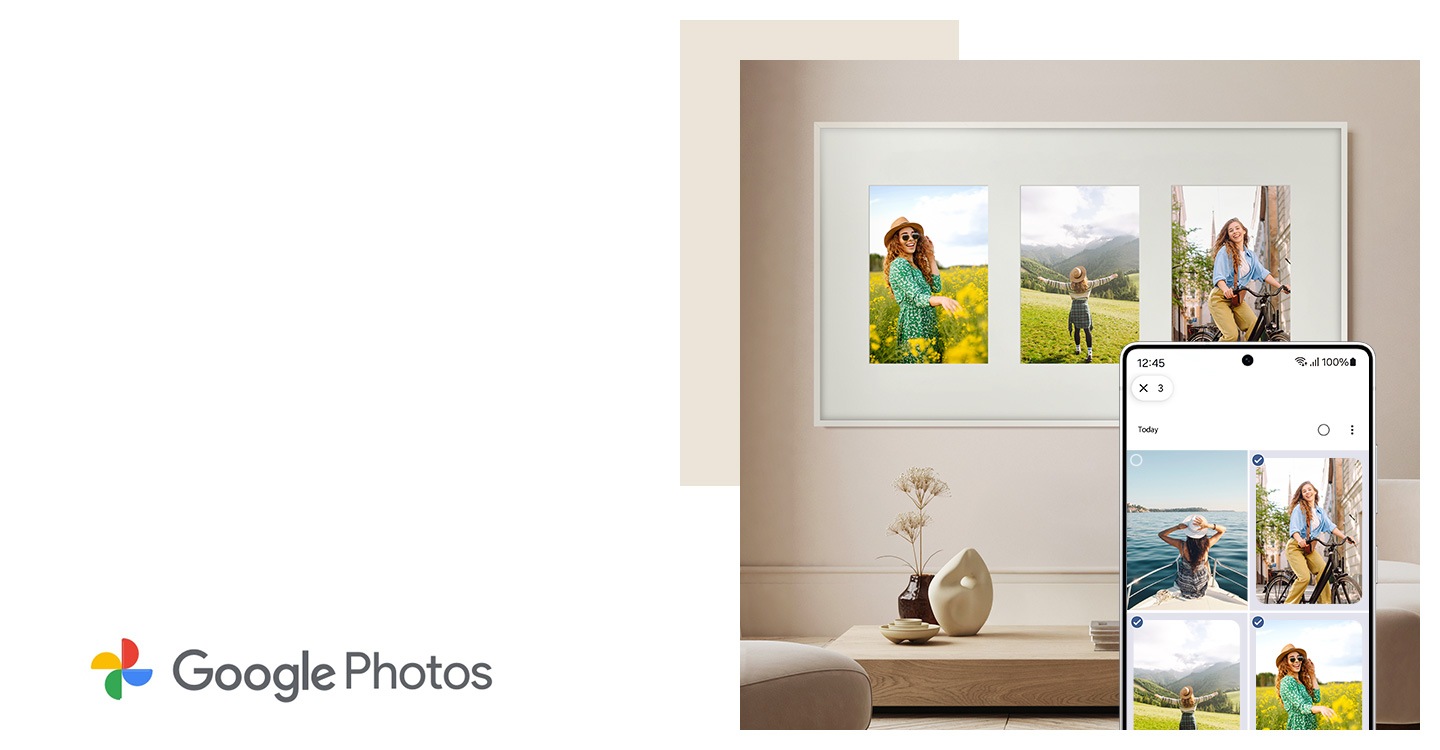 Mobil cihazdan The Frame ekranına üç kişisel fotoğraf yükleniyor ve bir kolaj gibi sergileniyor. Google Fotoğraflar logosu.