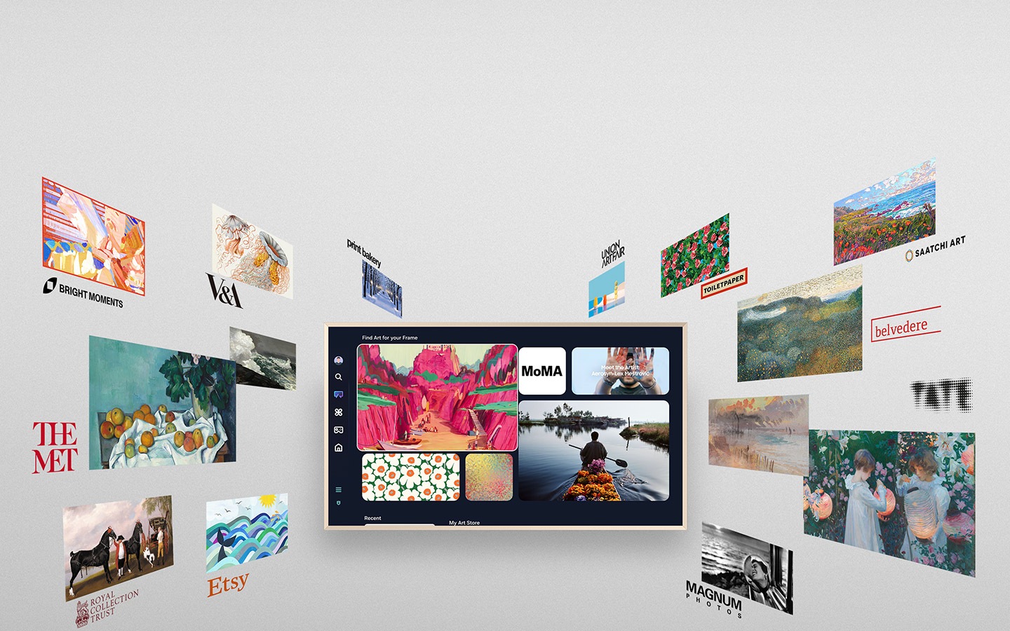 The Frame ekranında, Sanat Mağazası’ndan bir sanat çalışması sergileniyor. Ekranın çevresinde, ünlü müzeler ve galerilerden çeşitli sanat çalışmaları beliriyor ve TV’ye doğru hareket ederek ekran tarafından yutuluyor. Bright Moments, V&A, The Met, Etsy, Print Bakery, Magnum Photos, Royal Collection Trust, MoMA, Union Art Fair, Toiletpaper, Saatchi Art, Belvedere, Tate logoları.