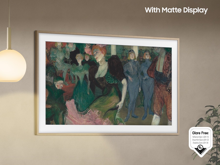 The Frame TV’de bir sanat eseri görüntüleniyor ancak Matte Display açık değilken yakındaki ışık kaynağından gelen yansımalar nedeniyle net görüşte zorluk yaşanıyor.