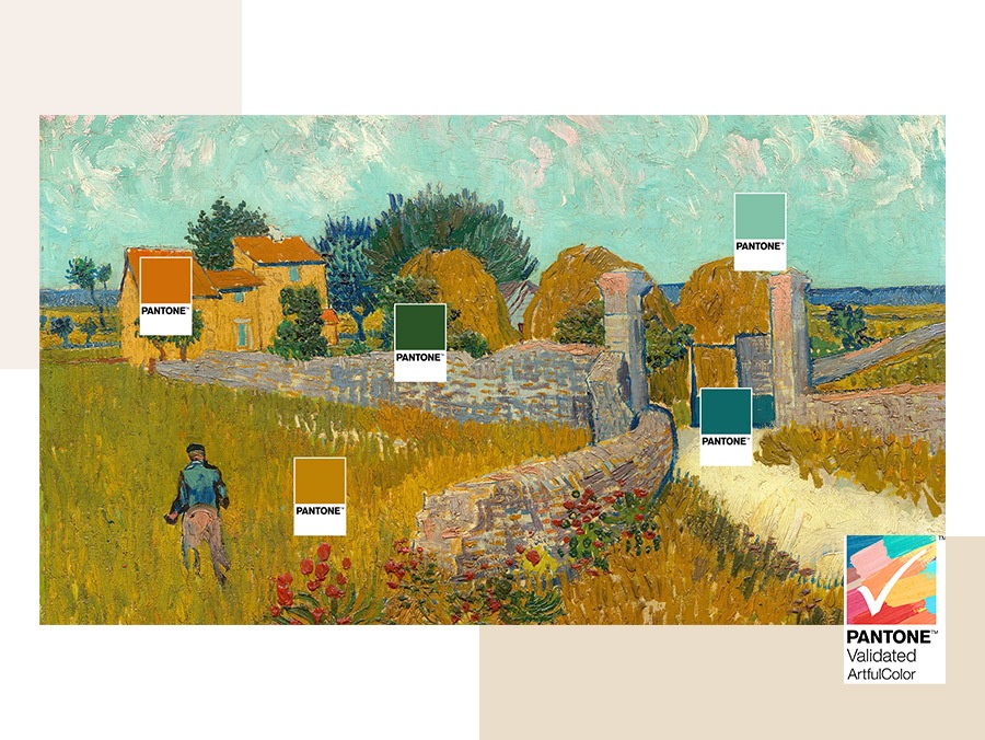 Küçük kartlar, bir sanat eseri üzerindeki belirli PANTONE onaylı renkleri öne çıkarıyor. PANTONE™ Onaylı ArtfulColor logosu.