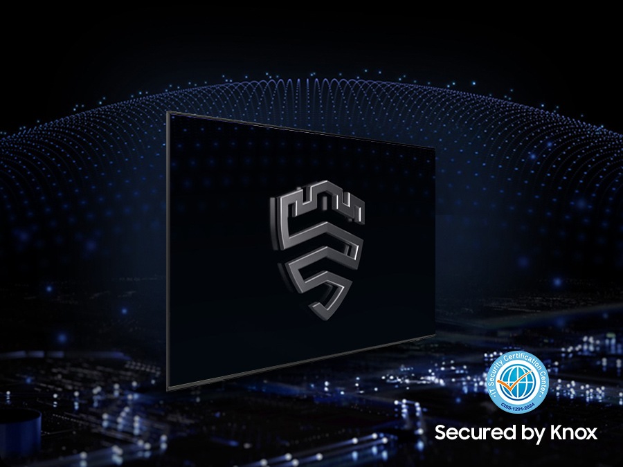 Bir TV ekranında Samsung Knox güvenliği logosu. Secured by Knox (Knox Güvenliğiyle) logosu.