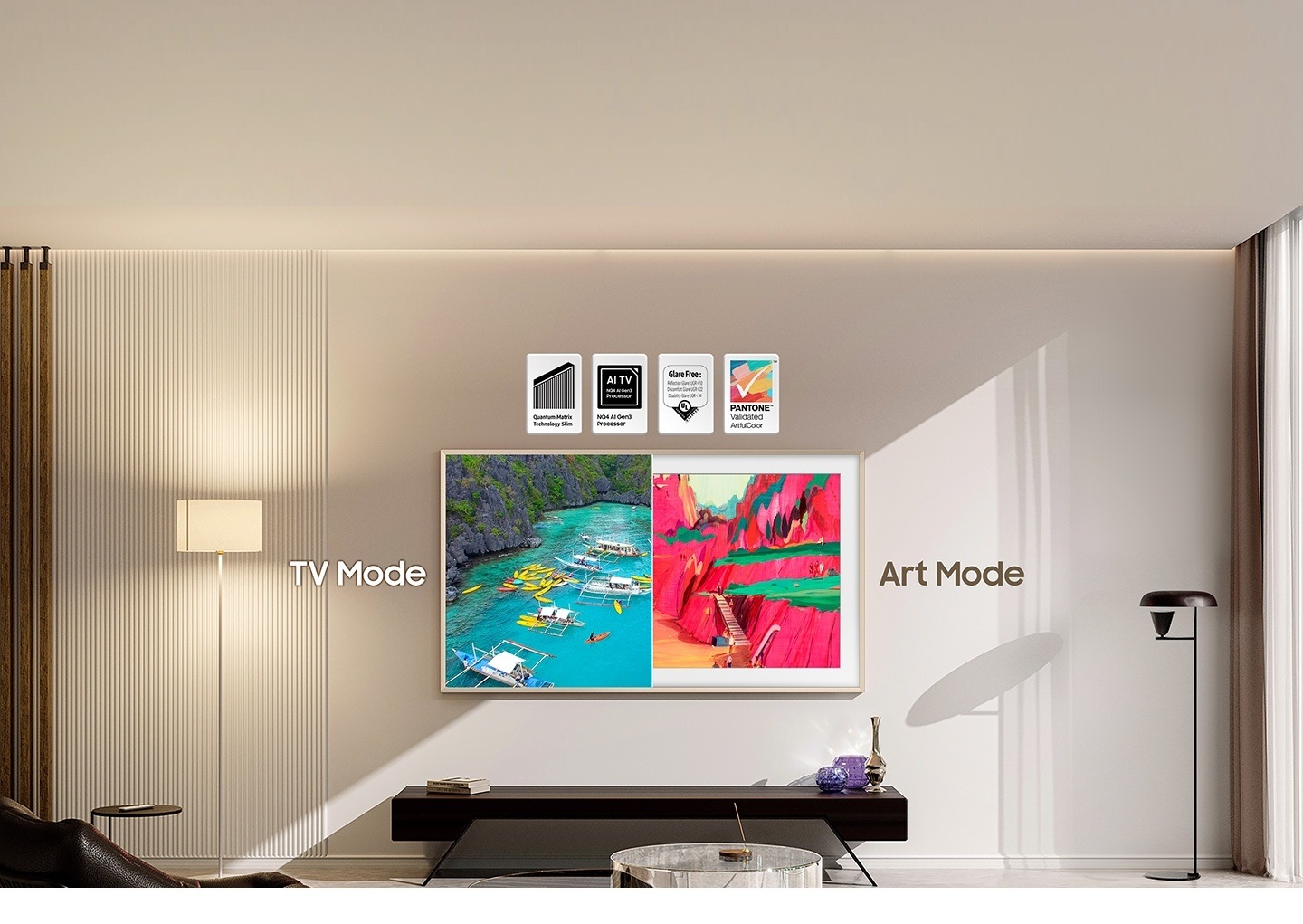 TV Modu ve Sanat Modu açık TV. Quantum Matrix Technology Slim, AI TV NQ4 AI 3. Nesil İşlemci, Yansımasız: Yansıma Parlaması UGR<10 Rahatsız Eden Parlama <22 Görüşü Engelleyen Parlama <34 UL, PANTONE Onaylı ArtfulColor Sanat Modu logoları.