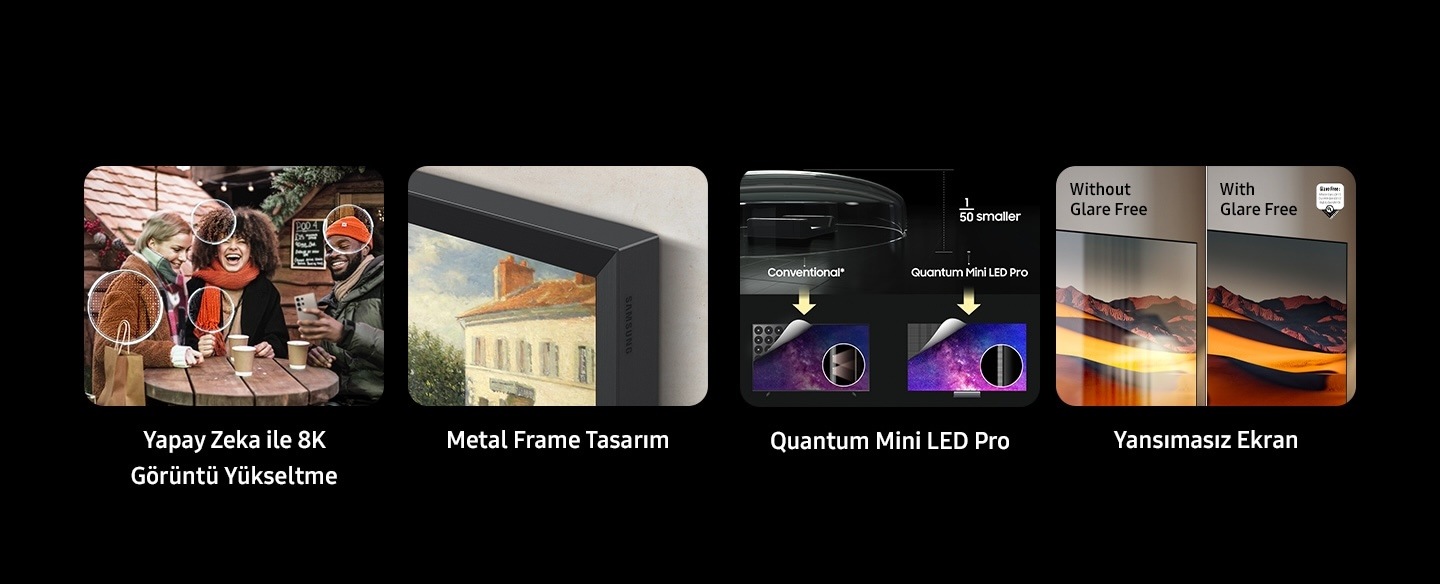 8K AI Upscaling. Metal Frame Design, Art Stroe. Glare Free. Without Glare Free and With Glare Free. UL Verified Logo. Glare Free: Reflection Glare UGR < 10, Discomfort Glare < UGR 22, Disability Glare < 34. verifyUL.com®. V166045.