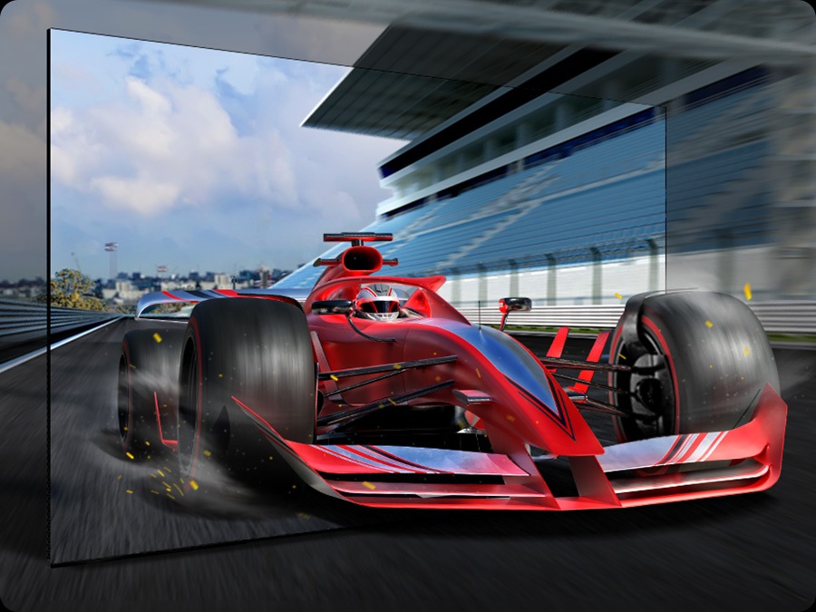 A racing game on the TV is so immersive that the race car is speeding out of the screen.