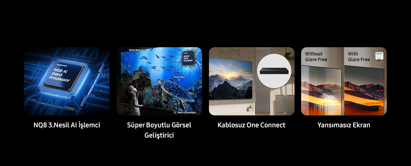 Samsung NQ8 AI Gen3 Processor. 8K AI Upscaling Pro. Wireless One Connect. Glare Free. Without Glare Free and With Glare Free. UL Verified Logo. Glare Free: Reflection Glare UGR < 10, Discomfort Glare < UGR 22, Disability Glare < 34. verifyUL.com®. V166045.