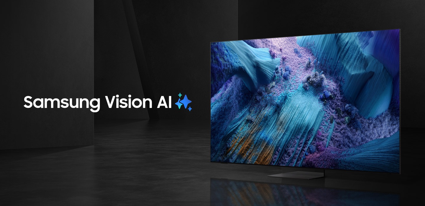 The words Samsung Vision AI is accompanied by the Samsung AI logo. Nearby, a TV turns on to display a blue landscape.