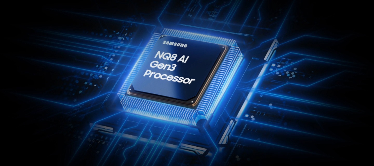 The NQ8 AI Gen3 Processor chip descends on the TV's main board and lights up with waves of power surging from the chip to the rest of the TV.