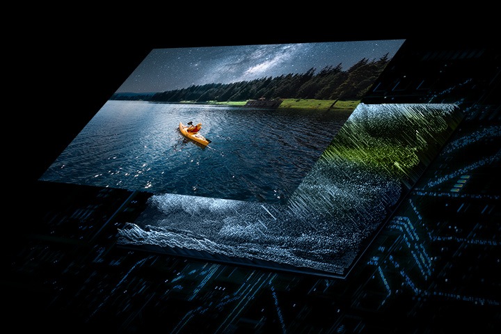 A layer of Quantum Mini LEDs in the backlight illuminates a top layer that shows a scene of a boat on water in vivid quality.