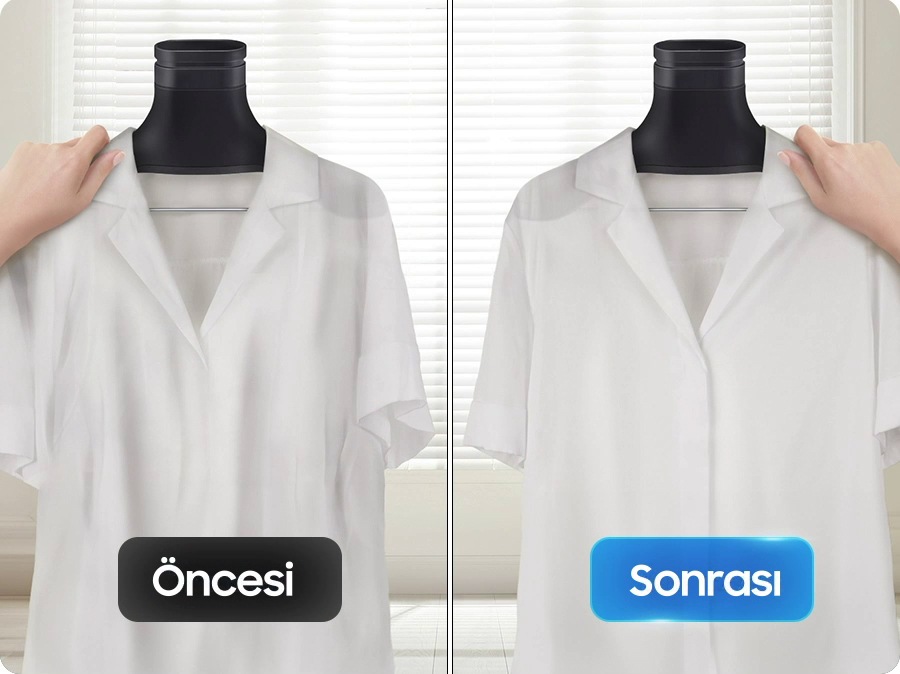 Inside the drum, air winds are causing the shirts to float. The shirt is wrinkled before the Wrinkle Prevent function, but after the function, the neat shirt can be checked without wrinkles.