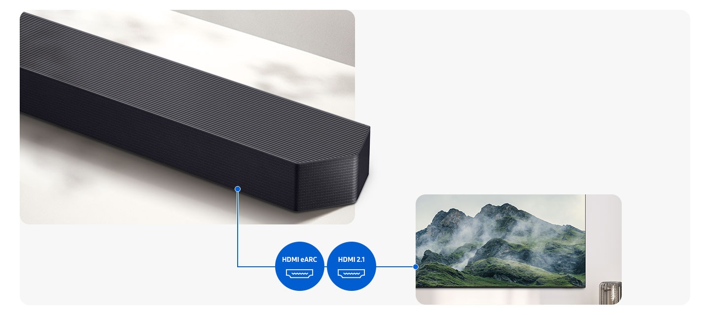 Close-up of a Samsung soundbar. A line connects the soundbar to a TV and shows the logos for HDMI eARC and HDMI 2.1.