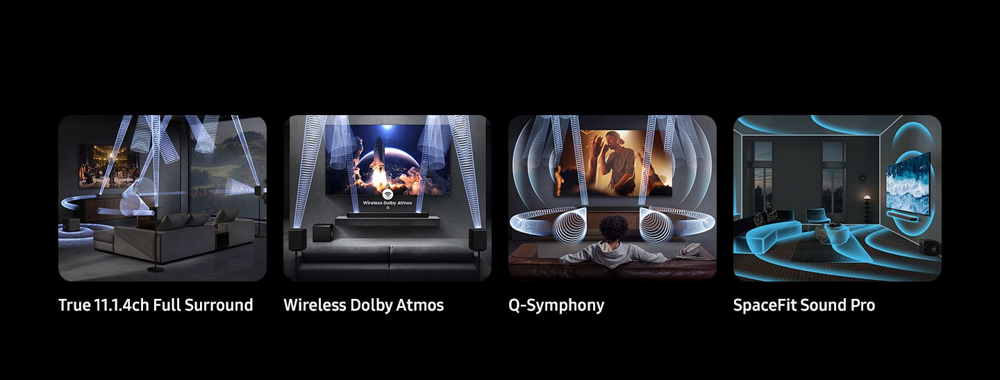 True 11.1.4ch Full Surround, Wireless Dolby Atmos, Q-Symphony, SpaceFit Sound Pro are shown as the key features for Q990F.