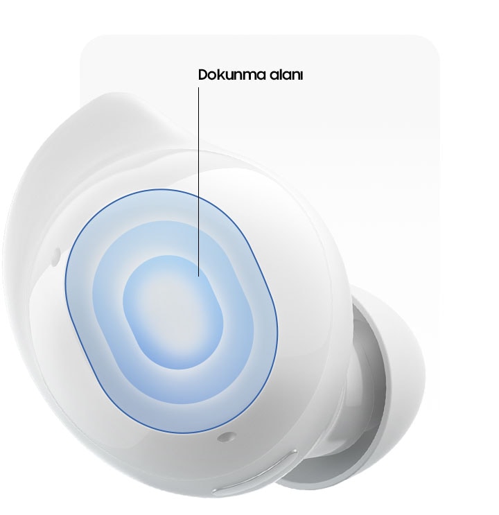 Ekranda beyaz renkli tek bir Galaxy Buds Core kulaklıkla birlikte, kulaklığın ortasında dokunmanız gereken alanı gösteren "Dokun" metni var.