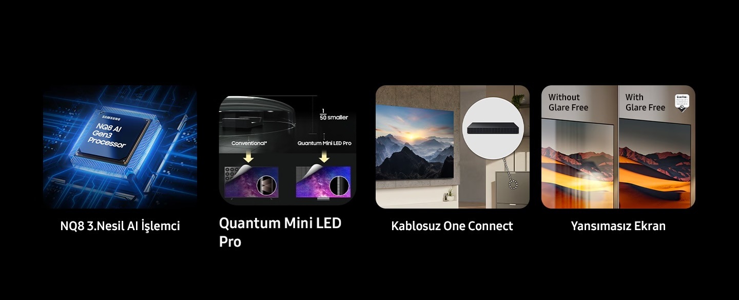 Samsung NQ8 AI Gen3 Processor. 8K AI Upscaling Pro. Wireless One Connect. Glare Free. Without Glare Free and With Glare Free. UL Verified Logo. Glare Free: Reflection Glare UGR < 10, Discomfort Glare < UGR 22, Disability Glare < 34. verifyUL.com®. V166045.