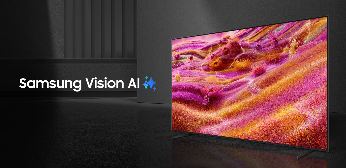 Samsung Vision AI kelimeleri, Samsung AI logosu ile birlikte görüntüleniyor. Yan tarafında ise bir TV açılarak rengarenk bir manzara görüntülüyor.