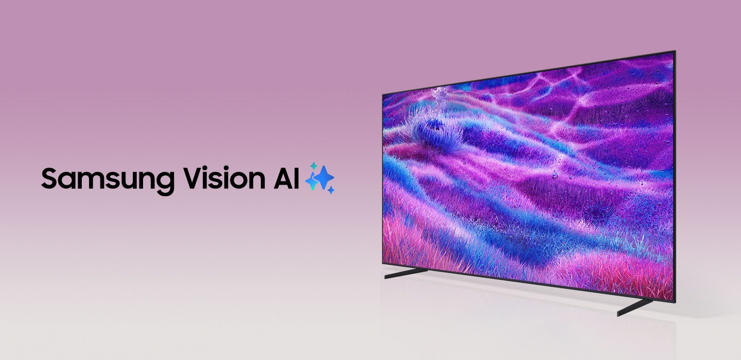Samsung Vision AI kelimeleri, Samsung AI logosu ile birlikte görüntüleniyor. Yan tarafında ise bir TV açılarak rengarenk bir manzara görüntülüyor.