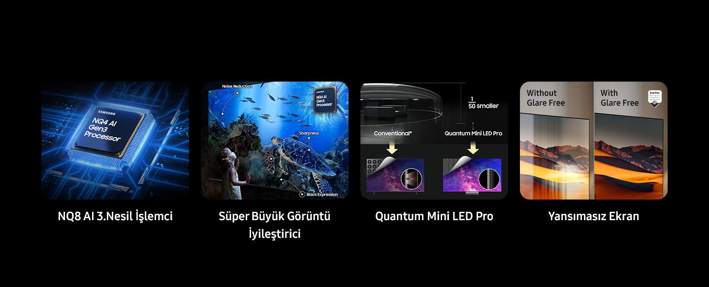 Samsung NQ8 AI 3. Nesil İşlemci. Süper Büyük Görüntü İyileştirici. Gürültü Önleyici, Keskinlik, Siyah Gösterme. Yansımasız teknolojisi olmayan ve Yansımasız teknolojisi olan ekranlar gösteriliyor. Neo Quantum HDR Pro, SDR ve HDR10+ Uyarlanabilir/Oyun için ayrı ekranlar gösteriyor.