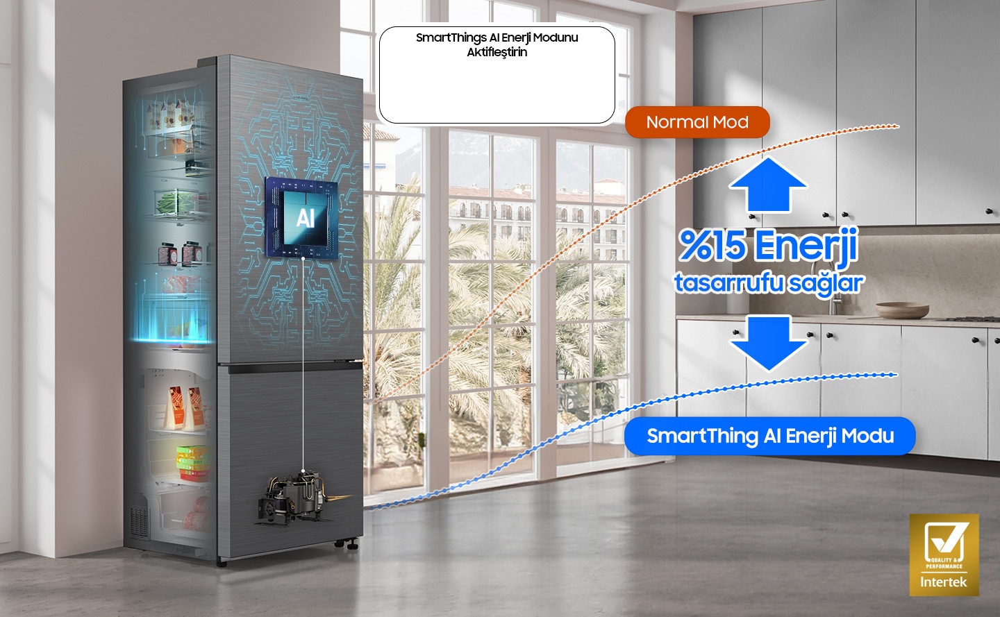 RB6000D installed in the kitchen with the Activate “SmartThings AI Energy Mode” button ON. The refrigerator's AI is activated to check internal food and manage the compressor, and a graph shows the UP to 15% Energy Saving effect when in AI Energy Mode compared to Normal mode.