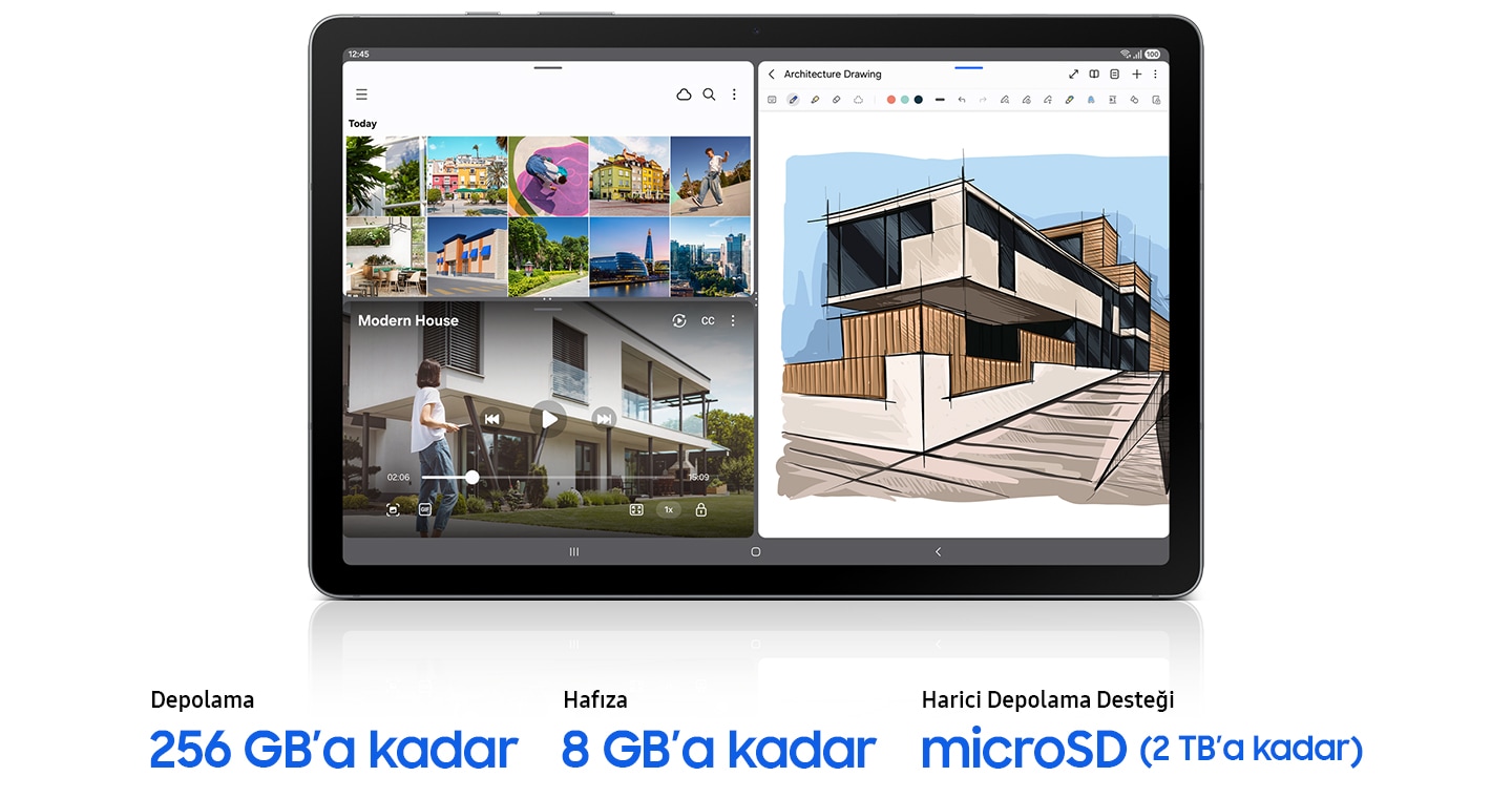 Galaxy Tab S10 Lite’da Galeri, video oynatıcı ve Samsung Notes aynı anda çalışıyor ve büyük ekrandan akıcı çoklu görev deneyimi gösteriliyor. Geniş bellek ve depolama alanı sayesinde birden fazla uygulama sorunsuzca açık kalabiliyor. Metinde şu yazıyor: “256 GB’a varan depolama alanı, 8 GB’a varan bellek, Harici Depolama Desteği microSD (2 TB’a kadar).”
