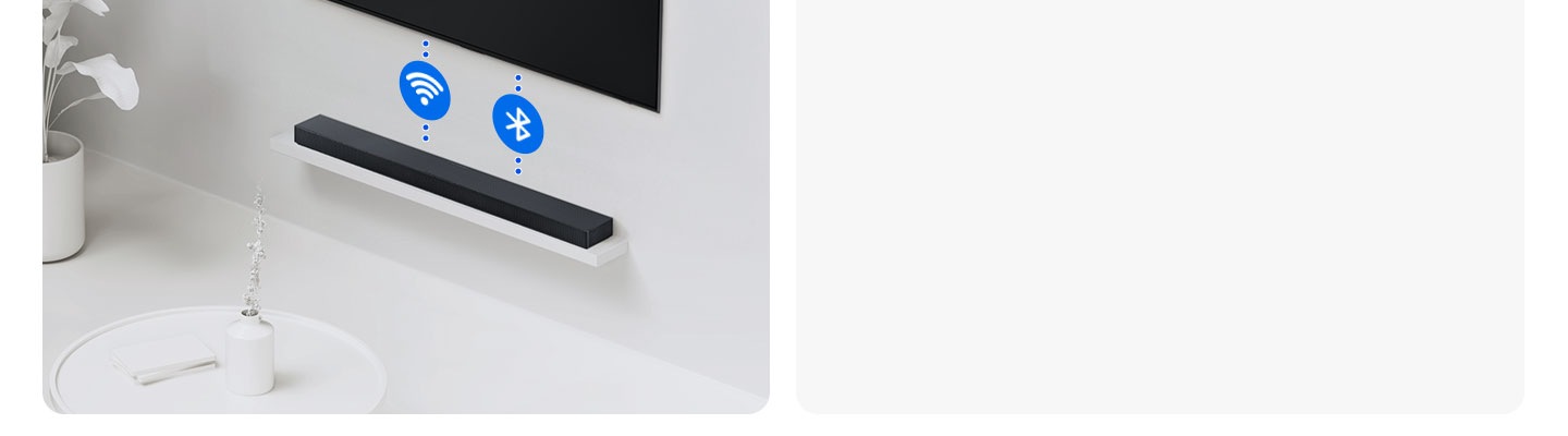 A remote control is connected to both a TV and soundbar via dotted lines and accompanied by stylized icons for the devices.