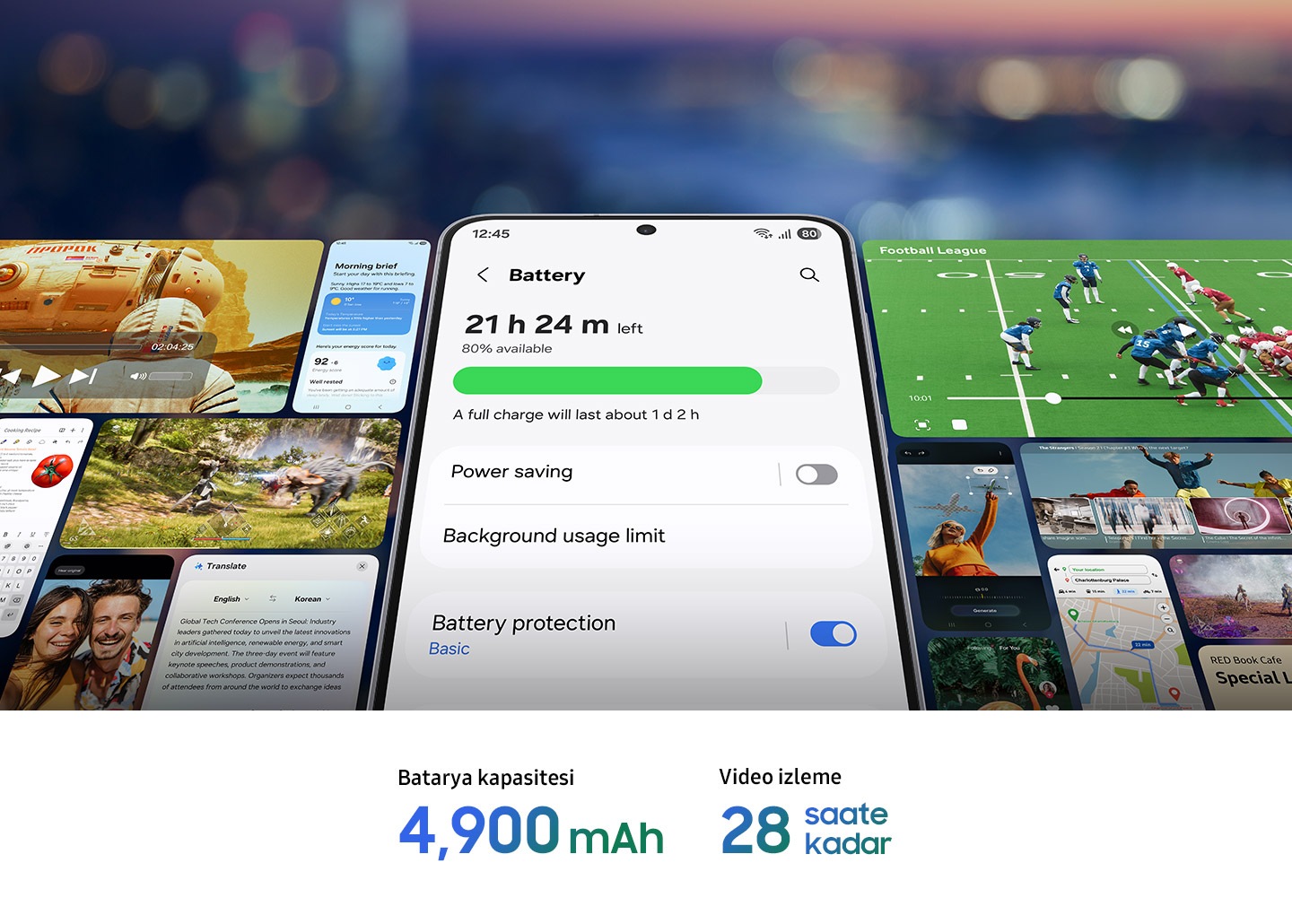 Akıllı telefon ekranında pil bilgisi görünüyor: %80 şarj ile 21 saat 24 dakika kullanım süresi varken tam şarjla kullanım süresi 1 gün 2 saat oluyor. Seçenekler arasında Güç tasarrufu, Arka planda kullanım sınırları ve Pil koruması yer alıyor. Alttaki metinde 4.900 mAh kapasite ve 28 saatlik video oynatma süresi vurgulanıyor.