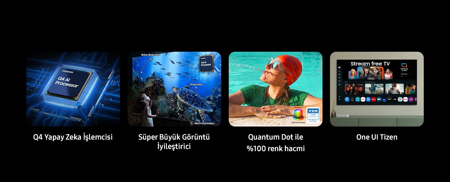 Q4 AI Processor, Supersize Picture Enhancer. Noise Reduction, Sharpness, Black Expression. 100% Color Volume with Quantum Dot, Brightness color volume and VDE tested logo. One UI Tizen