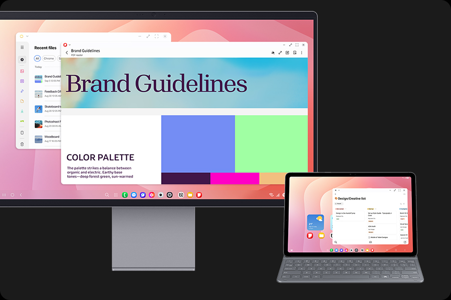 Galaxy Tab S11’de, kullanımda olan Notion uygulaması gösteriliyor. Soldaki daha büyük ikinci ekranda Samsung DeX kullanılıyor ve daha iyi üretkenlik için genişletilmiş çalışma alanıyla çoklu görevlerin sorunsuz şekilde tamamlanabildiği vurgulanıyor.