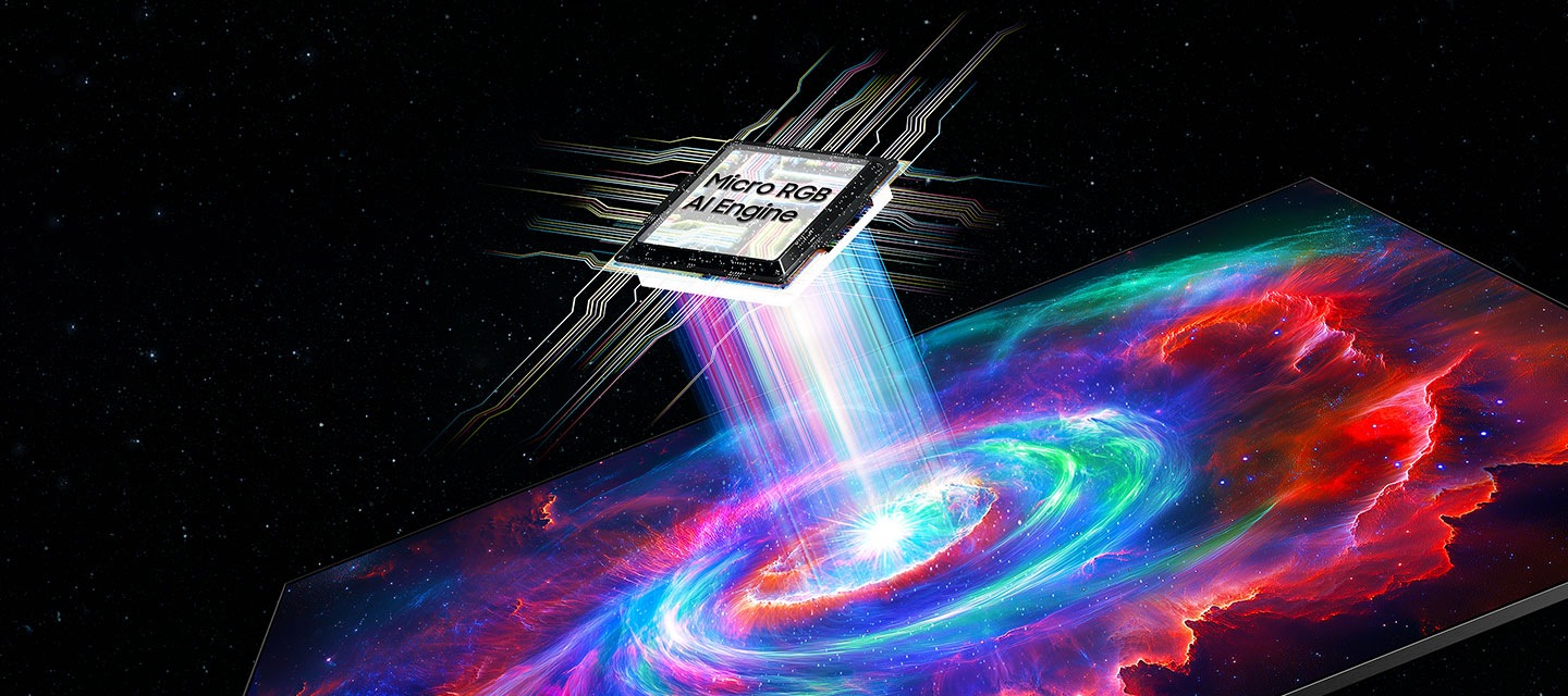 Çeşitli ışık efektleriyle Micro RGB TV’ye güç veren Micro RGB AI Engine işlemcisinin gösterimi.