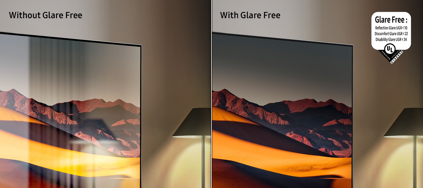 Yansımasız teknolojisi olmayan bir TV ekranında dikkat dağıtan yansımalar görülüyor. Hemen yanında, Yansımasız teknolojisine sahip bir TV ekranında net bir dağ manzarası gösteriliyor. UL Verified (UL tarafından doğrulanmış) Logosu. Yansımasız: Yansıma Parlaması UGR < 10, Rahatsız Eden Parlama UGR < 22, Görüşü Engelleyen Parlama UGR < 34. verifyUL.com®. V166045.