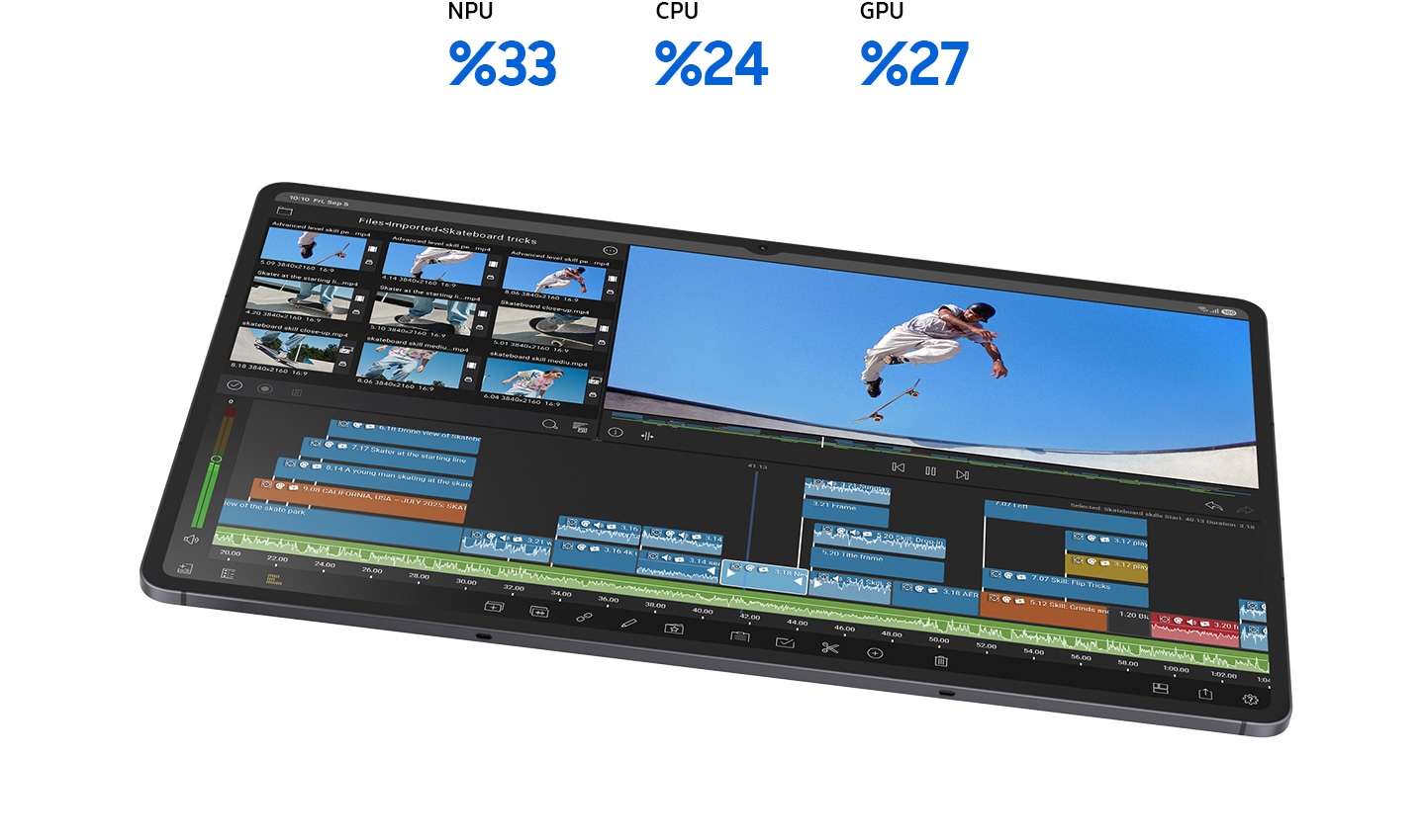 LumaFusion uygulamasının açık olduğu Galaxy Tab S11 Ultra’da, kaykay yapan bir adamın videosu düzenleniyor. Üstteki metinde NPU %33, CPU %24, GPU %27 yazıyor ve video düzenleme gibi yaratıcı görevler için güçlü performans vurgulanıyor.