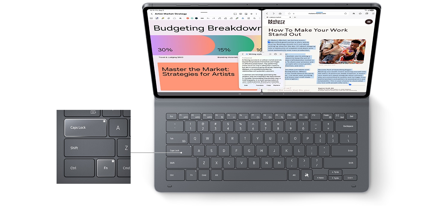 Top-down view of Galaxy Tab S11 Ultra with Book Cover Keyboard Slim on, displaying Samsung Notes and a webpage in split view and with Writing Assist in use. A close-up shows the Caps Lock and Fn keys with LED indicators lit. Another close-up highlights the location of the AI Key on the keyboard.