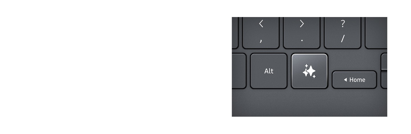 Top-down view of Galaxy Tab S11 Ultra with Book Cover Keyboard Slim on, displaying Samsung Notes and a webpage in split view and with Writing Assist in use. A close-up shows the Caps Lock and Fn keys with LED indicators lit. Another close-up highlights the location of the AI Key on the keyboard.