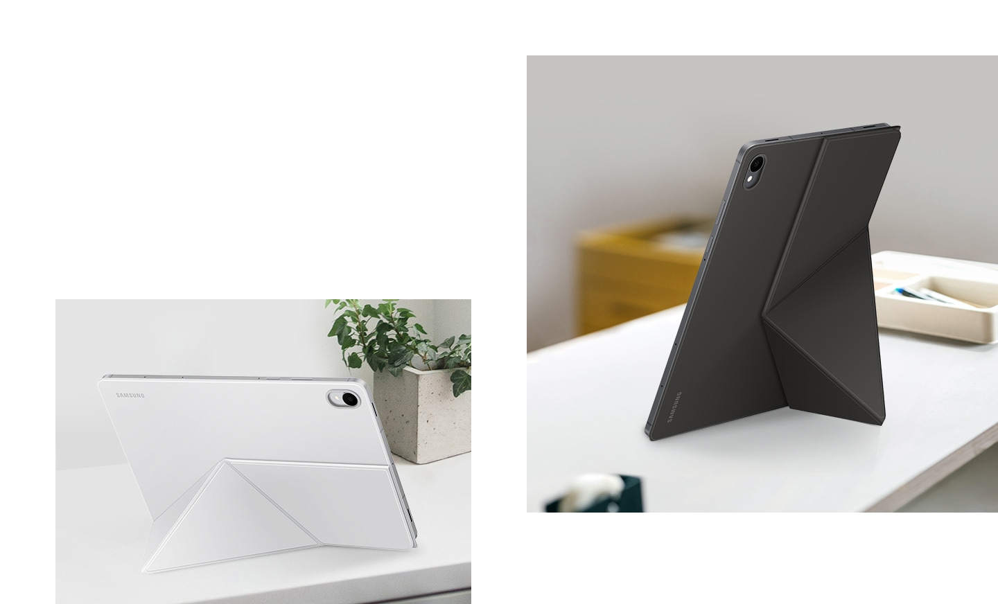 White Book Cover encasing Galaxy Tab S11 standing in landscape mode with a stand on the back folded into a triangular shape. Another Tab S11 with black Book Cover on, standing in portrait mode to highlight stable, hands-free viewing both vertically and horizontally.