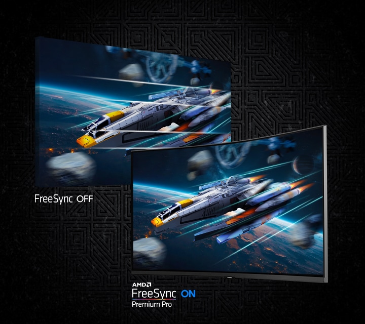 İki ekranda uzaydaki bir uzay aracı gösteriliyor. FreeSync OFF ile, AMD FreeSync Premium Pro ON’a göre daha dalgalı bir görüntü gösteriliyor.
