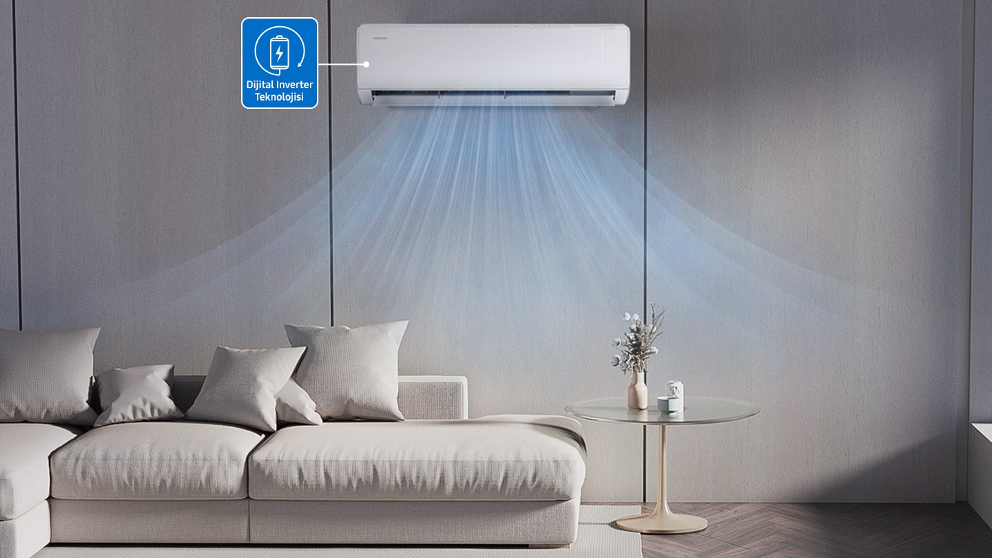 Bir oturma odasına soğuk hava üfleyen Samsung duvar tipi klima ve inverter olmayan bir modele kıyasla Digital Inverter Teknolojisi kullanıldığında istikrarlı sıcaklık kontrolü yapıldığını gösteren bir grafik.