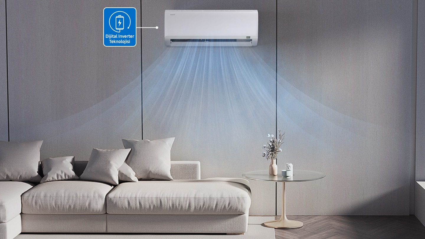 Bir oturma odasına soğuk hava üfleyen Samsung duvar tipi klima ve inverter olmayan bir modele kıyasla Digital Inverter Teknolojisi kullanıldığında istikrarlı sıcaklık kontrolü yapıldığını gösteren bir grafik.