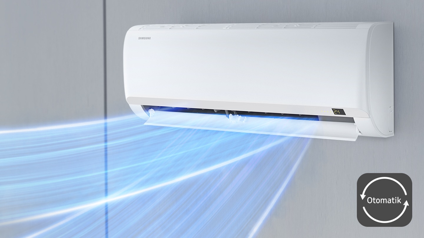 Otomatik mod simgesi görünen Samsung duvar tipi klima otomatik olarak soğuk hava üflüyor.