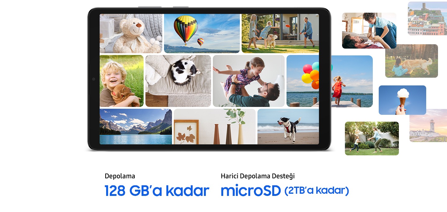 Galaxy Tab A11’in ekranında üç yatay sıra halinde bir fotoğraf kolajı görüntüleniyor. Bazı fotoğraflar tabletin çerçevesinin dışına taşıyor. Fotoğraflarda evcil hayvanlar ve seyahat gibi aileyle birlikte geçirilen zamanlar tasvir ediliyor. Tabletin ve fotoğrafların altındaki metinde depolama alanı bilgileri gösteriliyor: “Depolama alanı: 128 GB’a Kadar''Harici Depolama Alanı Desteği: microSD (2 TB’a kadar)”