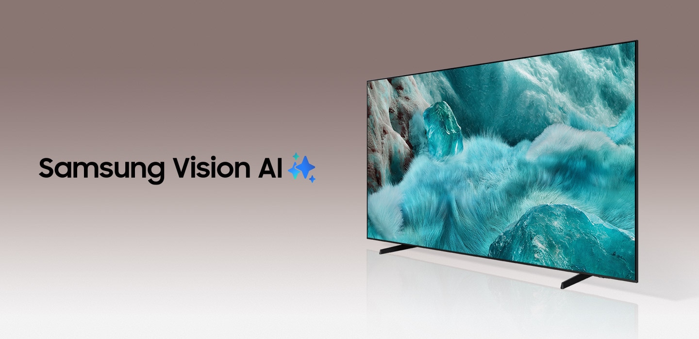 The words Samsung Vision AI is accompanied by the Samsung AI logo. Nearby, a TV turns on to display a blue landscape.