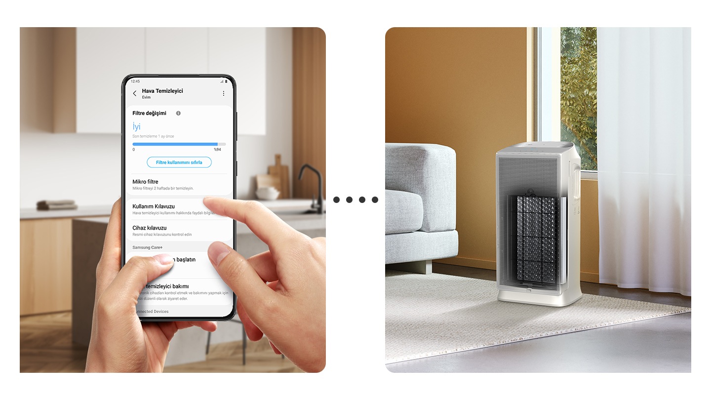 SmartThings uygulamasındaki Home Care sihirbazı aracılığıyla filtre kullanımını ve filtre değişim zamanını kontrol edebilirsiniz.